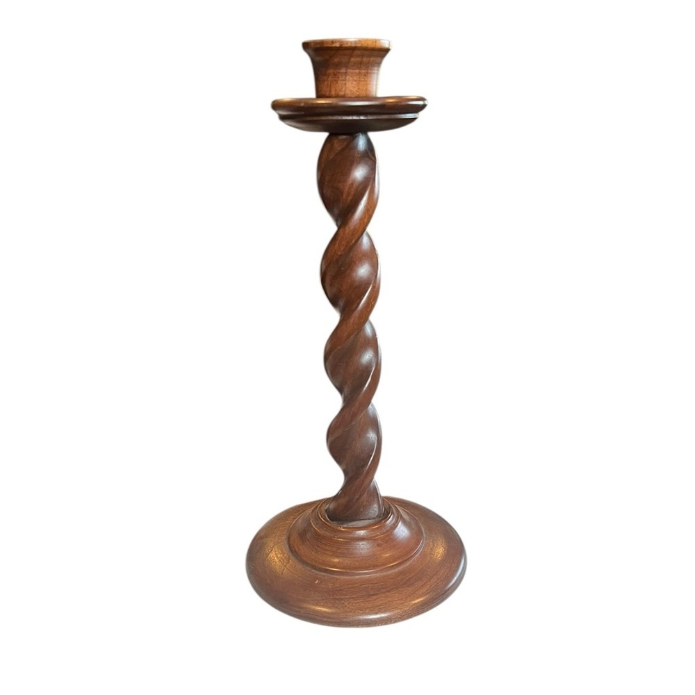 Vintage MCM Solid Wood Barley Twist Carved Tall Candlestick Candle Holder